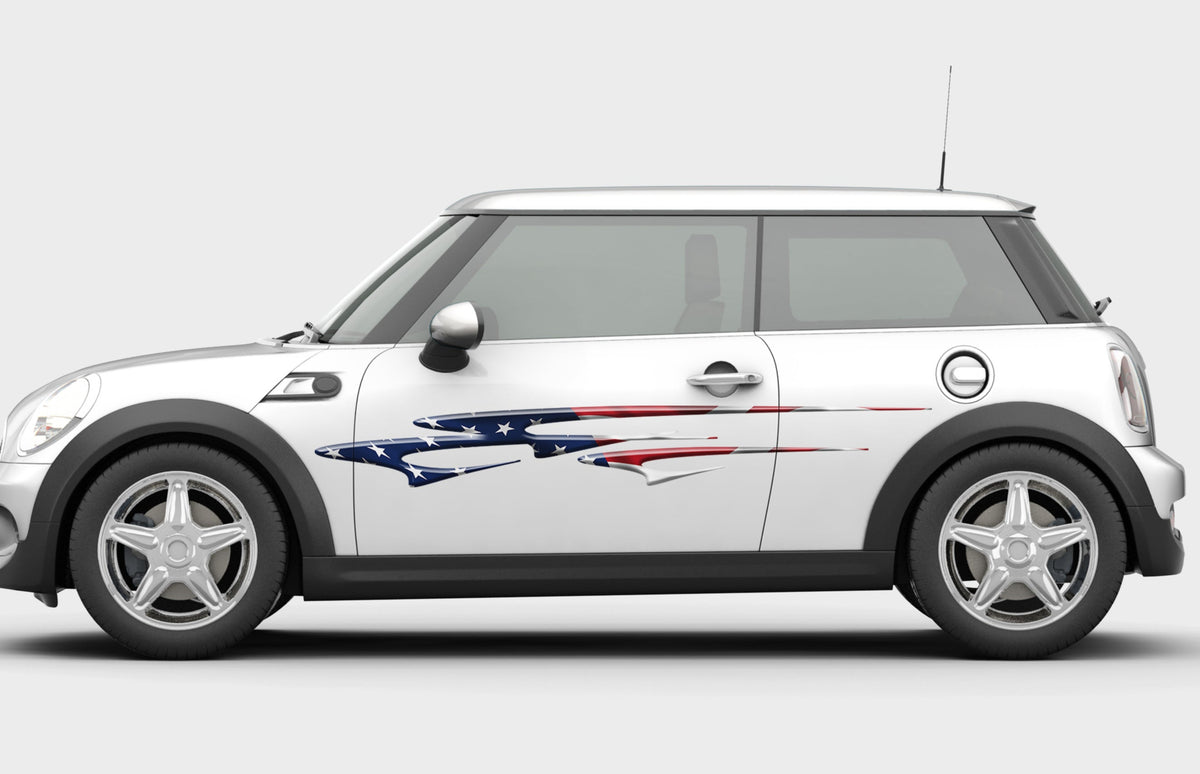 American flag vinyl graphic stripe on the side of mini cooper car